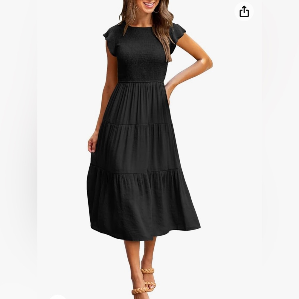 KYL Midi Maxi Dress Boho Flutter Sleeve Smocked A-Line Long Dress - Black - S